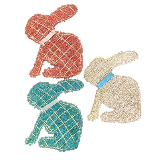 Happy Easter Bunny Rabbit Shimmer Tinsel Frame 18” Decor Set Of 3 - Picture 6 of 7